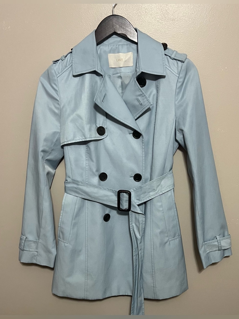 List Pale Blue Trench Coat Size Small- no size please see measurements